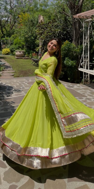 RTC 6048 Parrot Green | Parrot Tabby Organza Silk Gown with Hand Work & Mirror Work. Special Price ₹2549. Delivery 4-6 Working Days. Shop now. | Bollywood Gowns, Creative Gowns, Designer Gowns, Embroidered Gowns, Gowns, Party Wear Gowns