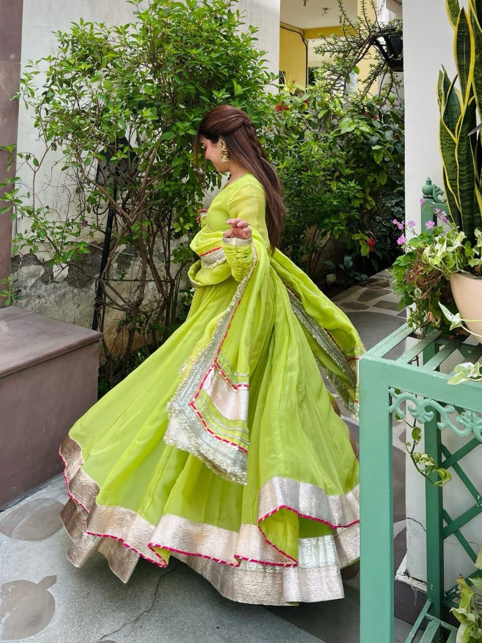 RTC 6048 Parrot Green | Parrot Tabby Organza Silk Gown with Hand Work & Mirror Work. Special Price ₹2549. Delivery 4-6 Working Days. Shop now. | Bollywood Gowns, Creative Gowns, Designer Gowns, Embroidered Gowns, Gowns, Party Wear Gowns
