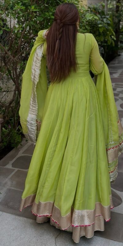 RTC 6048 Parrot Green | Parrot Tabby Organza Silk Gown with Hand Work & Mirror Work. Special Price ₹2549. Delivery 4-6 Working Days. Shop now. | Bollywood Gowns, Creative Gowns, Designer Gowns, Embroidered Gowns, Gowns, Party Wear Gowns