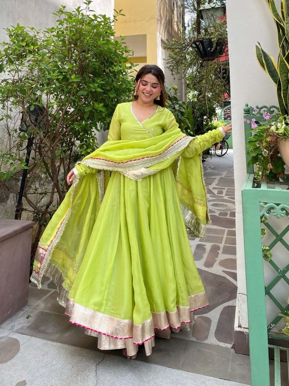 RTC 6048 Parrot Green | Parrot Tabby Organza Silk Gown with Hand Work & Mirror Work. Special Price ₹2549. Delivery 4-6 Working Days. Shop now. | Bollywood Gowns, Creative Gowns, Designer Gowns, Embroidered Gowns, Gowns, Party Wear Gowns