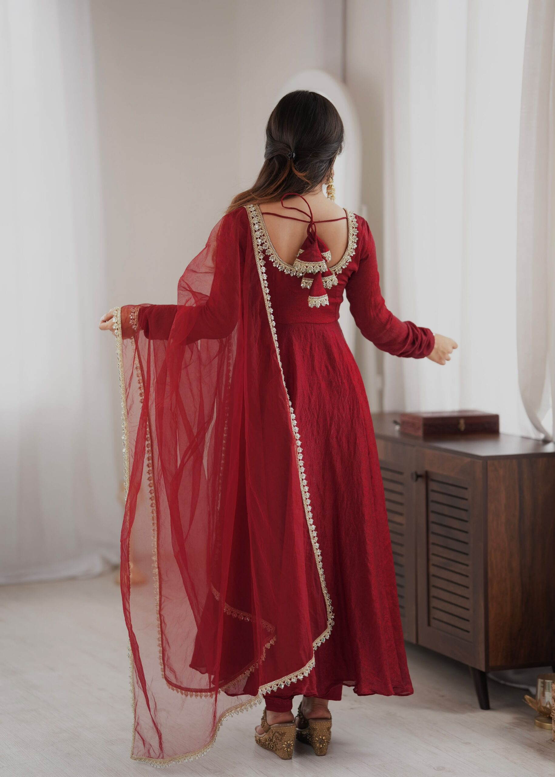 SRK 5355 Maroon Doremon Crush Gown with Lace Work & Mirror Work. Exclusive Offer ₹2099. Delivery 4-6 Working Days. Shop now. | Bollywood Gowns, Creative Gowns, Designer Gowns, Embroidered Gowns, Gowns, Party Wear Gowns