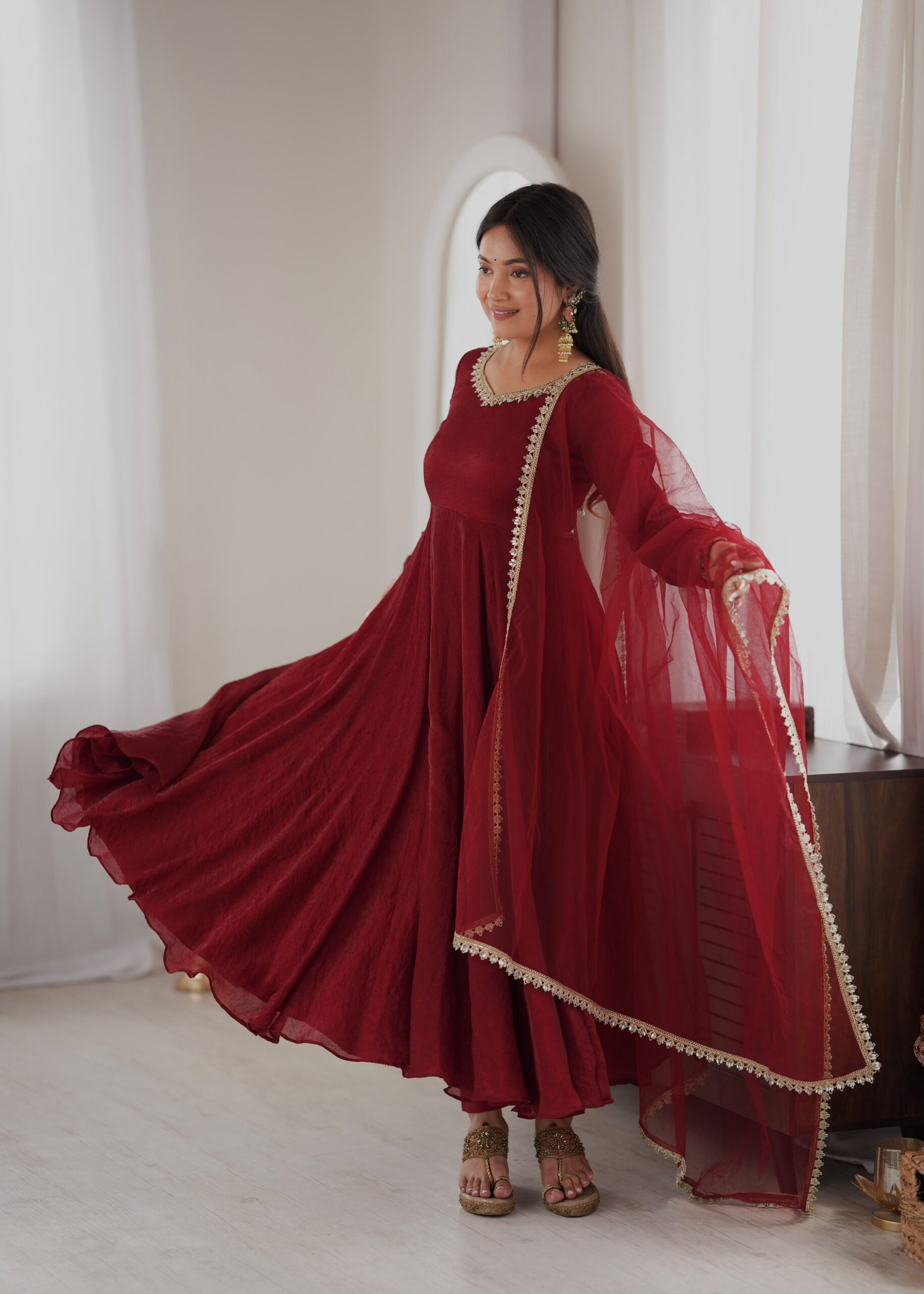 SRK 5355 Maroon Doremon Crush Gown with Lace Work & Mirror Work. Exclusive Offer ₹2099. Delivery 4-6 Working Days. Shop now. | Bollywood Gowns, Creative Gowns, Designer Gowns, Embroidered Gowns, Gowns, Party Wear Gowns