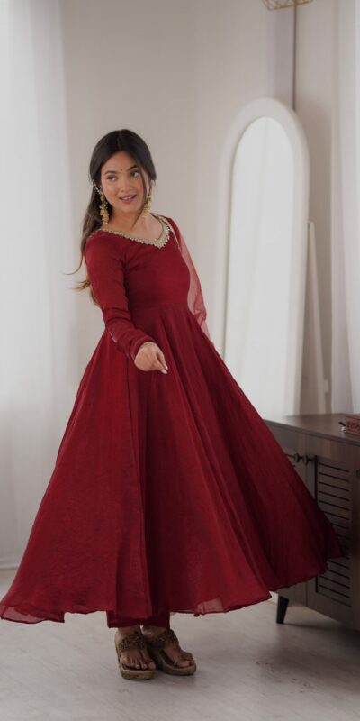 SRK 5355 Maroon Doremon Crush Gown with Lace Work & Mirror Work. Exclusive Offer ₹2099. Delivery 4-6 Working Days. Shop now. | Bollywood Gowns, Creative Gowns, Designer Gowns, Embroidered Gowns, Gowns, Party Wear Gowns