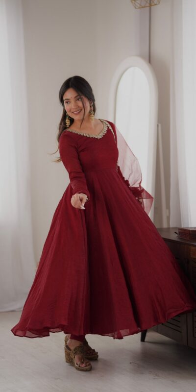 SRK 5355 Maroon Doremon Crush Gown with Lace Work & Mirror Work. Exclusive Offer ₹2099. Delivery 4-6 Working Days. Shop now. | Bollywood Gowns, Creative Gowns, Designer Gowns, Embroidered Gowns, Gowns, Party Wear Gowns