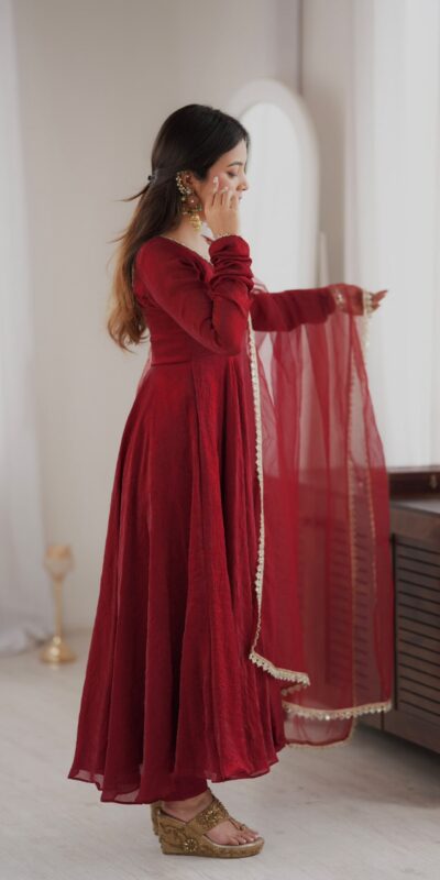SRK 5355 Maroon Doremon Crush Gown with Lace Work & Mirror Work. Exclusive Offer ₹2099. Delivery 4-6 Working Days. Shop now. | Bollywood Gowns, Creative Gowns, Designer Gowns, Embroidered Gowns, Gowns, Party Wear Gowns