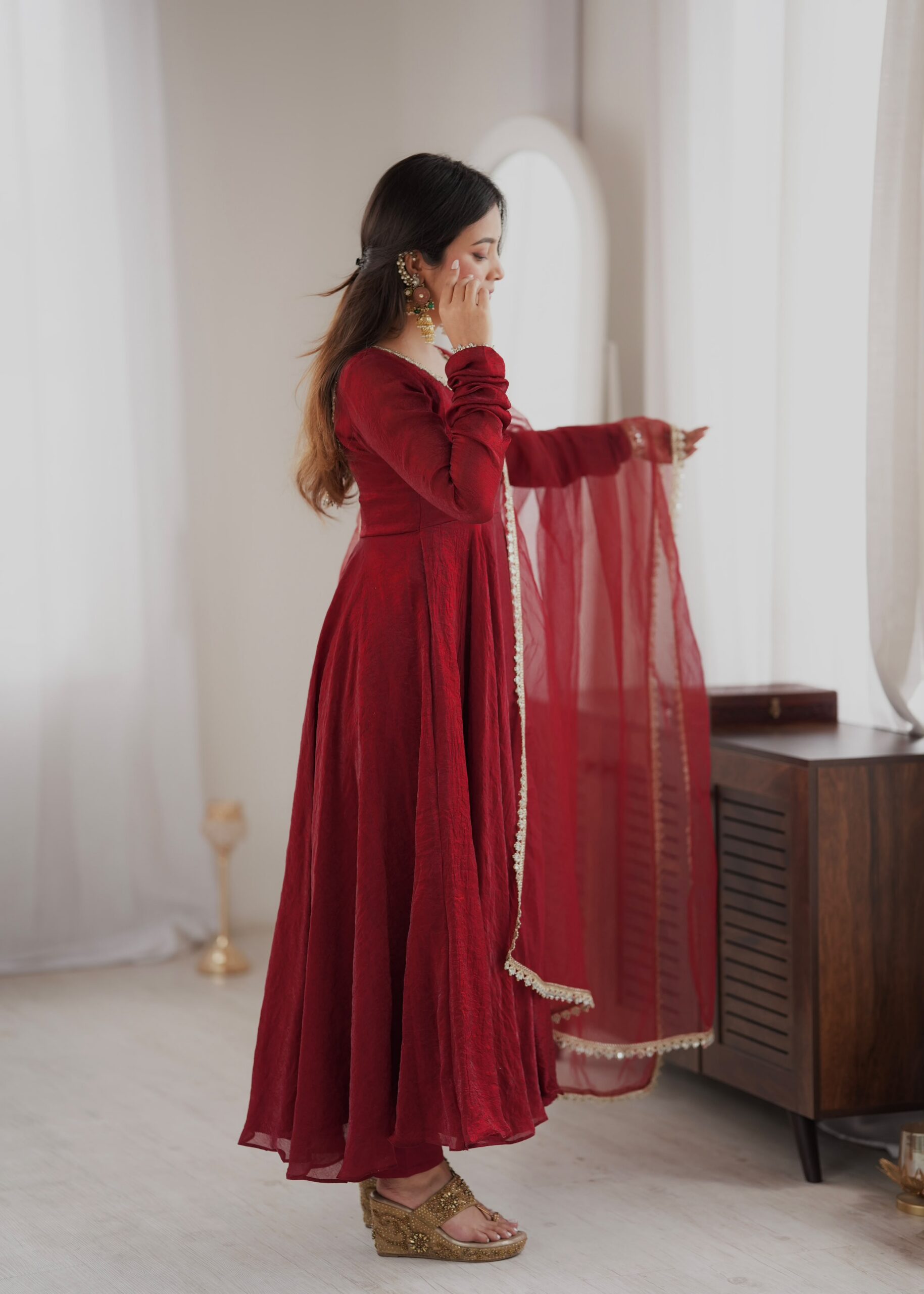 SRK 5355 Maroon Doremon Crush Gown with Lace Work & Mirror Work. Exclusive Offer ₹2099. Delivery 4-6 Working Days. Shop now. | Bollywood Gowns, Creative Gowns, Designer Gowns, Embroidered Gowns, Gowns, Party Wear Gowns