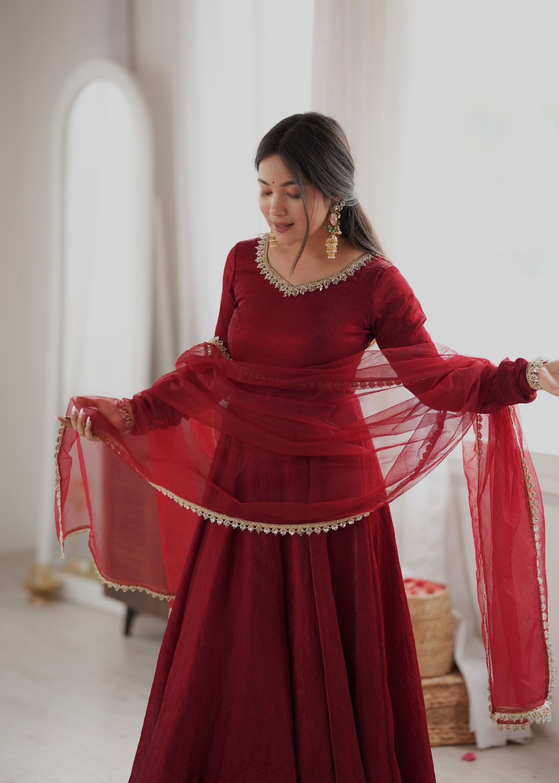 SRK 5355 Maroon Doremon Crush Gown with Lace Work & Mirror Work. Exclusive Offer ₹2099. Delivery 4-6 Working Days. Shop now. | Bollywood Gowns, Creative Gowns, Designer Gowns, Embroidered Gowns, Gowns, Party Wear Gowns