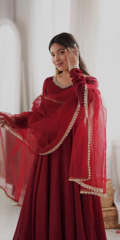 SRK 5355 Maroon Doremon Crush Gown with Lace Work & Mirror Work. Exclusive Offer ₹2099. Delivery 4-6 Working Days. Shop now. | Bollywood Gowns, Creative Gowns, Designer Gowns, Embroidered Gowns, Gowns, Party Wear Gowns