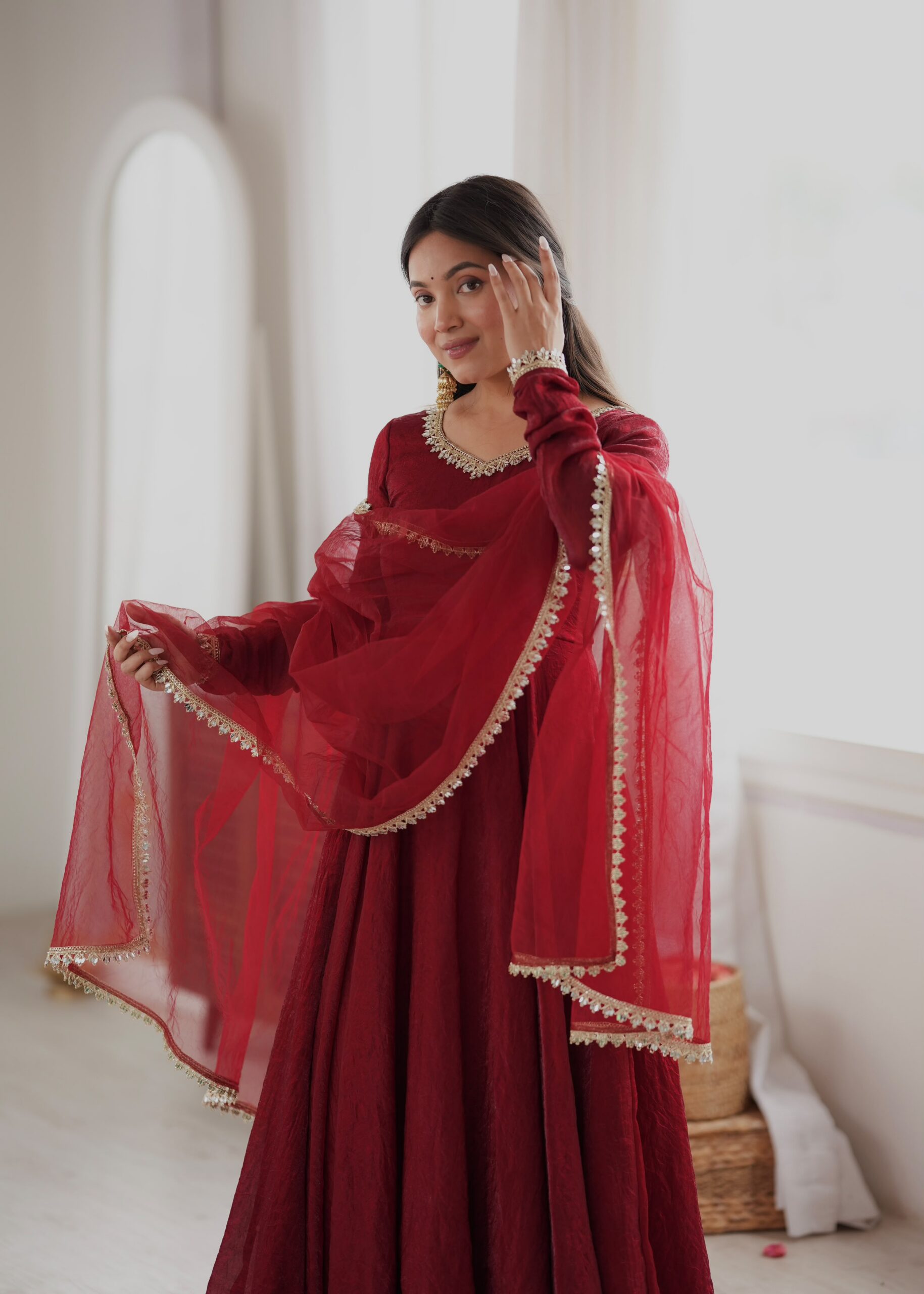 SRK 5355 Maroon Doremon Crush Gown with Lace Work & Mirror Work. Exclusive Offer ₹2099. Delivery 4-6 Working Days. Shop now. | Bollywood Gowns, Creative Gowns, Designer Gowns, Embroidered Gowns, Gowns, Party Wear Gowns