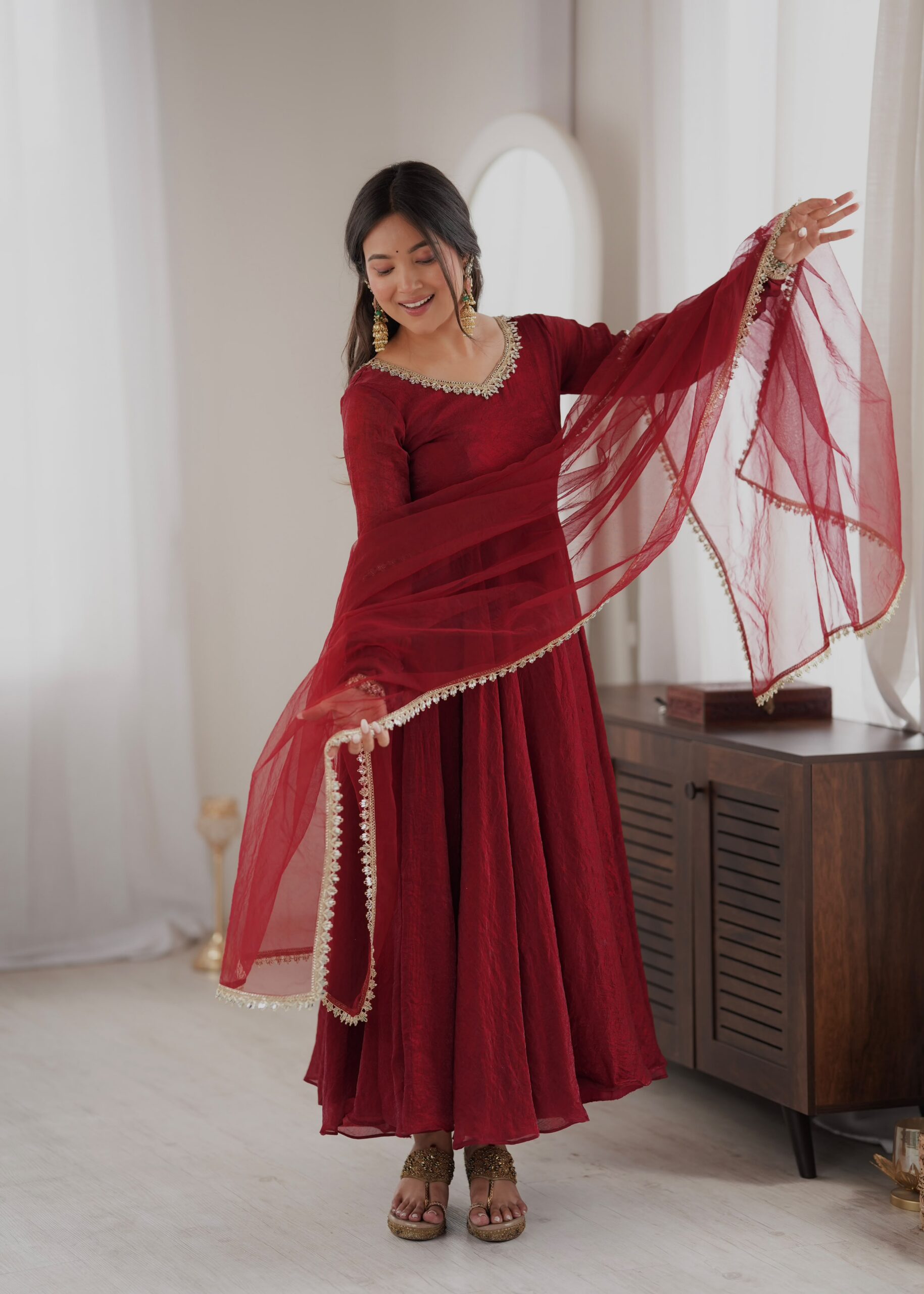 SRK 5355 Maroon Doremon Crush Gown with Lace Work & Mirror Work. Exclusive Offer ₹2099. Delivery 4-6 Working Days. Shop now. | Bollywood Gowns, Creative Gowns, Designer Gowns, Embroidered Gowns, Gowns, Party Wear Gowns