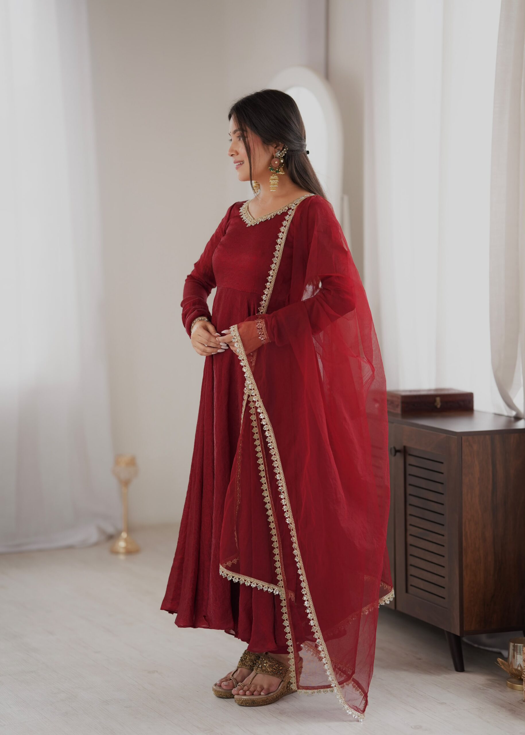 SRK 5355 Maroon Doremon Crush Gown with Lace Work & Mirror Work. Exclusive Offer ₹2099. Delivery 4-6 Working Days. Shop now. | Bollywood Gowns, Creative Gowns, Designer Gowns, Embroidered Gowns, Gowns, Party Wear Gowns