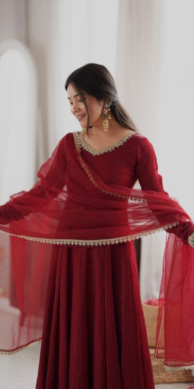 SRK 5355 Maroon Doremon Crush Gown with Lace Work & Mirror Work. Exclusive Offer ₹2099. Delivery 4-6 Working Days. Shop now. | Bollywood Gowns, Creative Gowns, Designer Gowns, Embroidered Gowns, Gowns, Party Wear Gowns