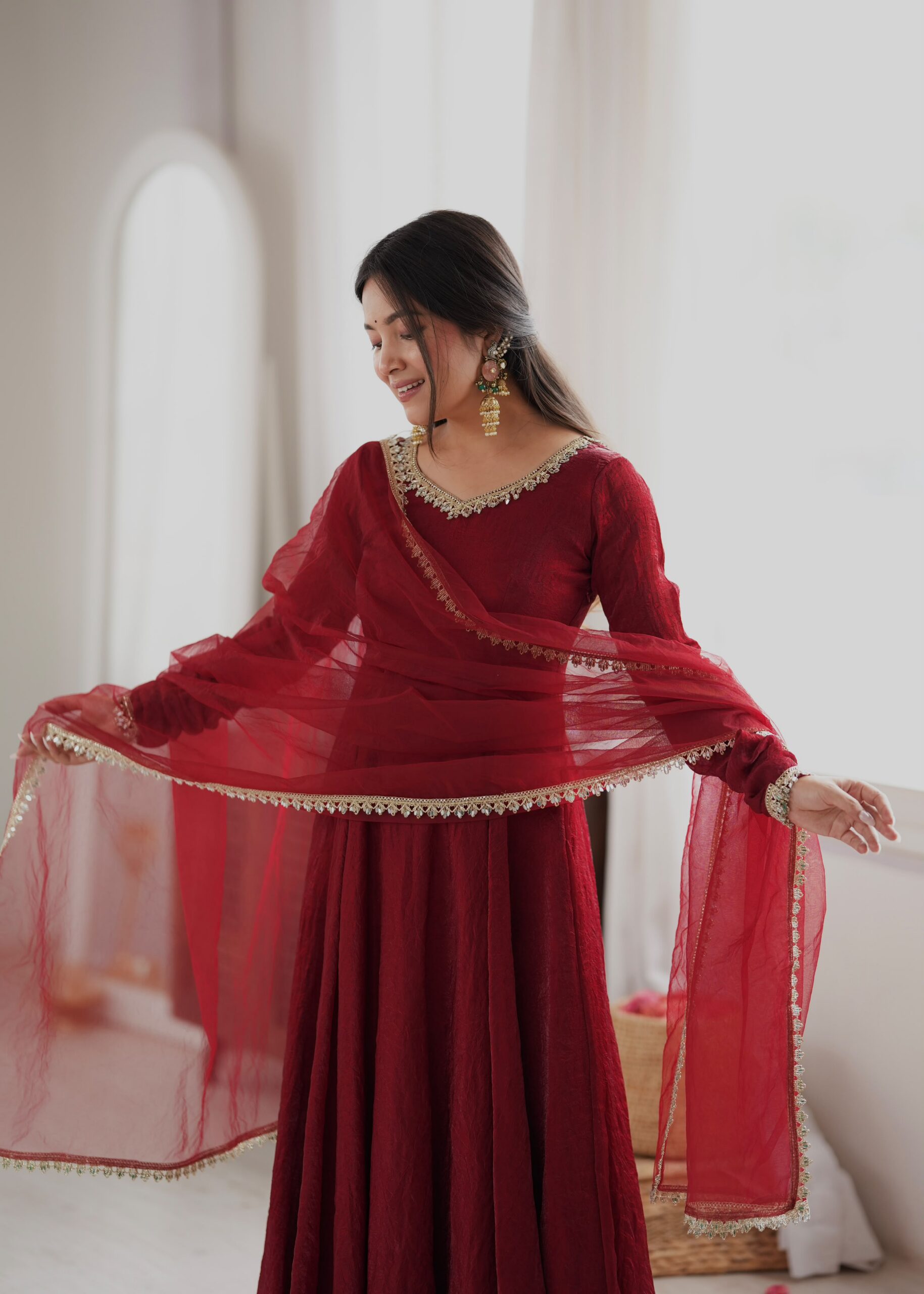SRK 5355 Maroon Doremon Crush Gown with Lace Work & Mirror Work. Exclusive Offer ₹2099. Delivery 4-6 Working Days. Shop now. | Bollywood Gowns, Creative Gowns, Designer Gowns, Embroidered Gowns, Gowns, Party Wear Gowns