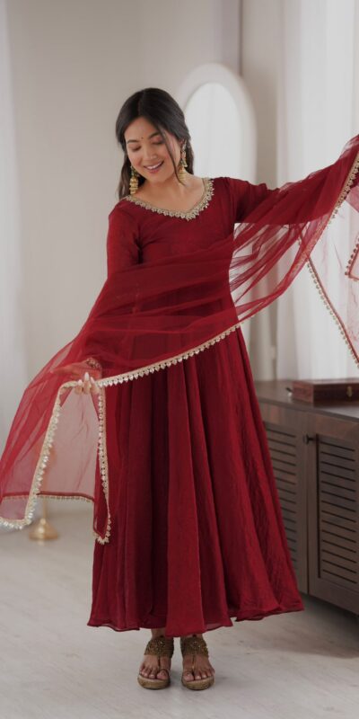 SRK 5355 Maroon Doremon Crush Gown with Lace Work & Mirror Work. Exclusive Offer ₹2099. Delivery 4-6 Working Days. Shop now. | Bollywood Gowns, Creative Gowns, Designer Gowns, Embroidered Gowns, Gowns, Party Wear Gowns