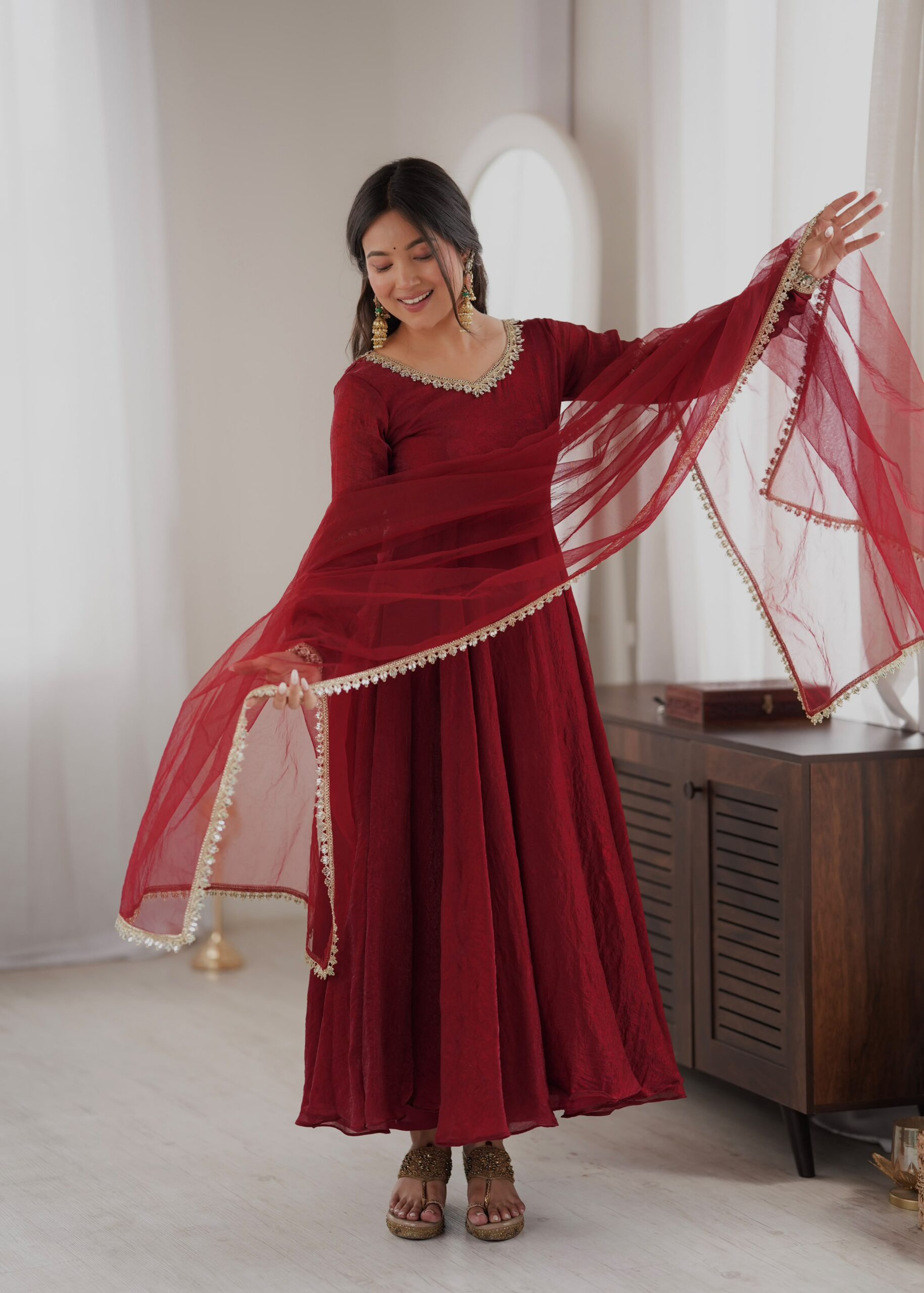 SRK 5355 Maroon Doremon Crush Gown with Lace Work & Mirror Work. Exclusive Offer ₹2099. Delivery 4-6 Working Days. Shop now. | Bollywood Gowns, Creative Gowns, Designer Gowns, Embroidered Gowns, Gowns, Party Wear Gowns
