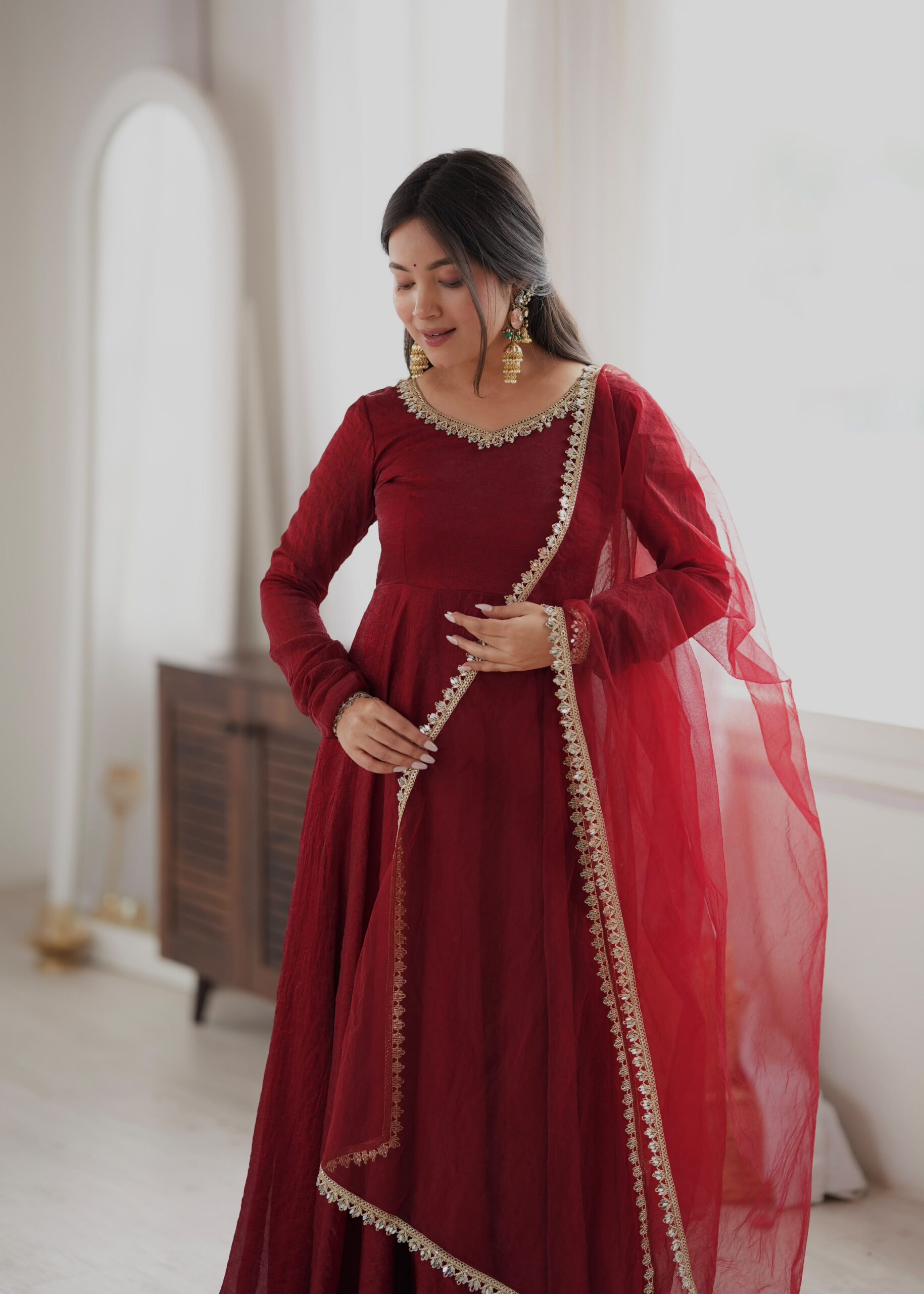 SRK 5355 Maroon Doremon Crush Gown with Lace Work & Mirror Work. Exclusive Offer ₹2099. Delivery 4-6 Working Days. Shop now. | Bollywood Gowns, Creative Gowns, Designer Gowns, Embroidered Gowns, Gowns, Party Wear Gowns