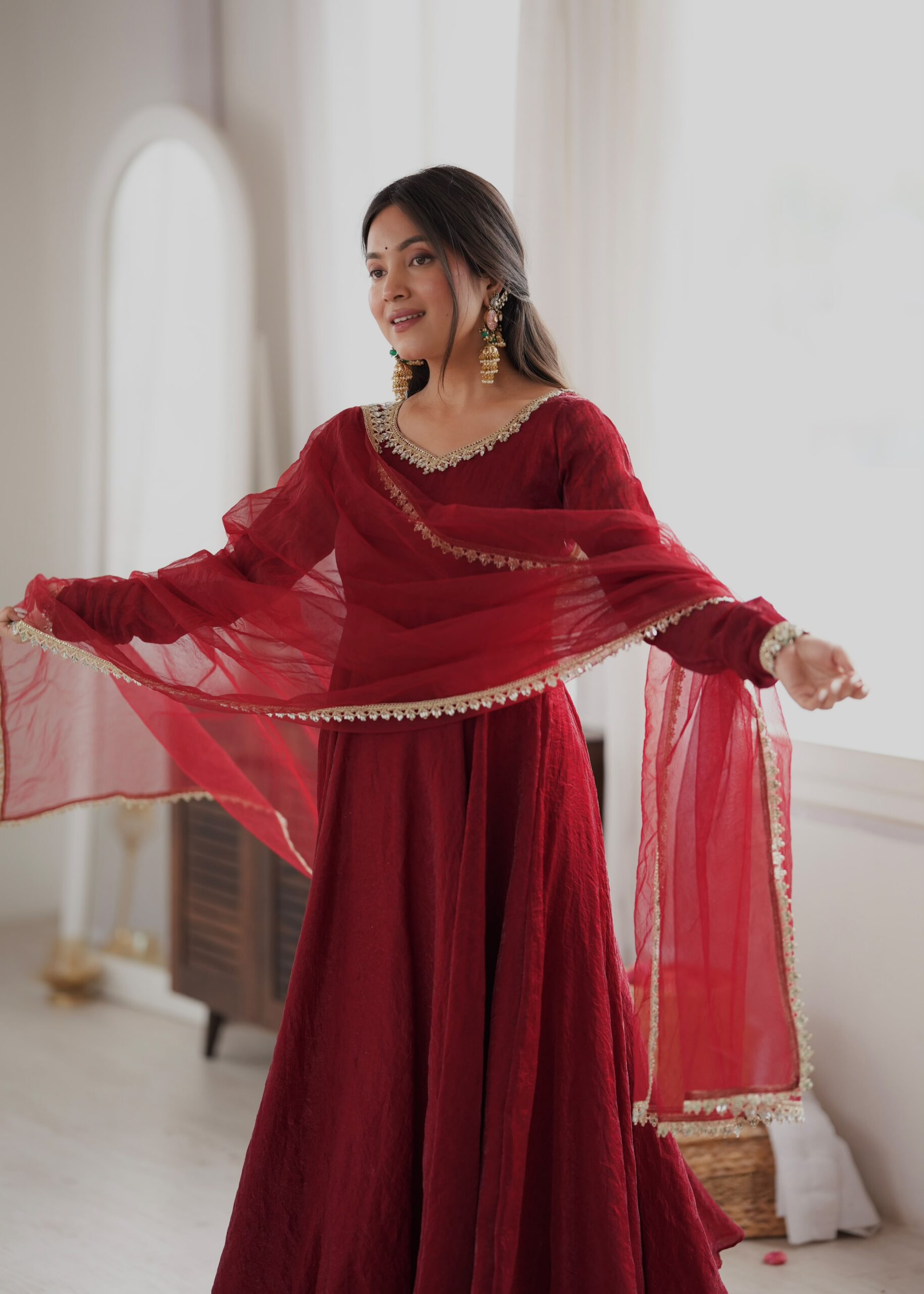 SRK 5355 Maroon Doremon Crush Gown with Lace Work & Mirror Work. Exclusive Offer ₹2099. Delivery 4-6 Working Days. Shop now. | Bollywood Gowns, Creative Gowns, Designer Gowns, Embroidered Gowns, Gowns, Party Wear Gowns