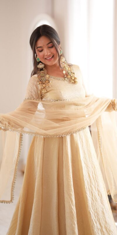 SRK 5355 Off White Doremon Crush Gown with Lace Work & Mirror Work. Exclusive Offer ₹2099. Delivery 4-6 Working Days. Shop now. | Bollywood Gowns, Creative Gowns, Designer Gowns, Embroidered Gowns, Gowns, Party Wear Gowns