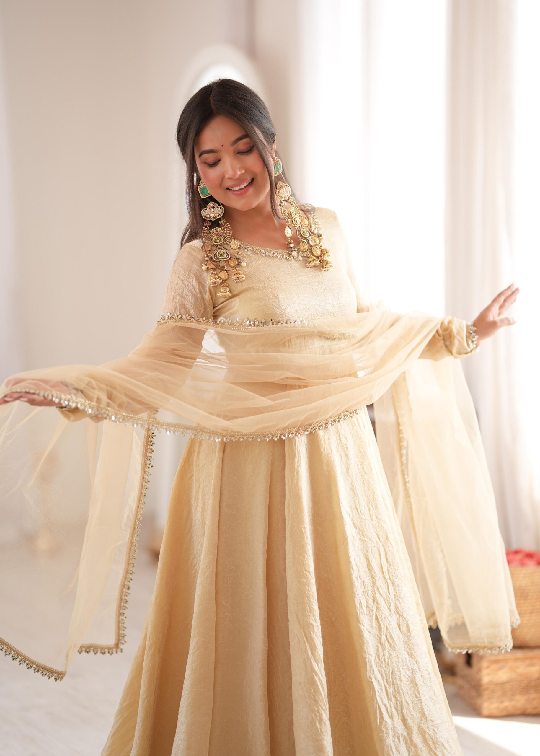 SRK 5355 Off White Doremon Crush Gown with Lace Work & Mirror Work. Exclusive Offer ₹2099. Delivery 4-6 Working Days. Shop now. | Bollywood Gowns, Creative Gowns, Designer Gowns, Embroidered Gowns, Gowns, Party Wear Gowns