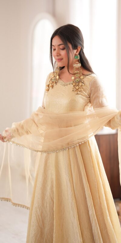 SRK 5355 Off White Doremon Crush Gown with Lace Work & Mirror Work. Exclusive Offer ₹2099. Delivery 4-6 Working Days. Shop now. | Bollywood Gowns, Creative Gowns, Designer Gowns, Embroidered Gowns, Gowns, Party Wear Gowns