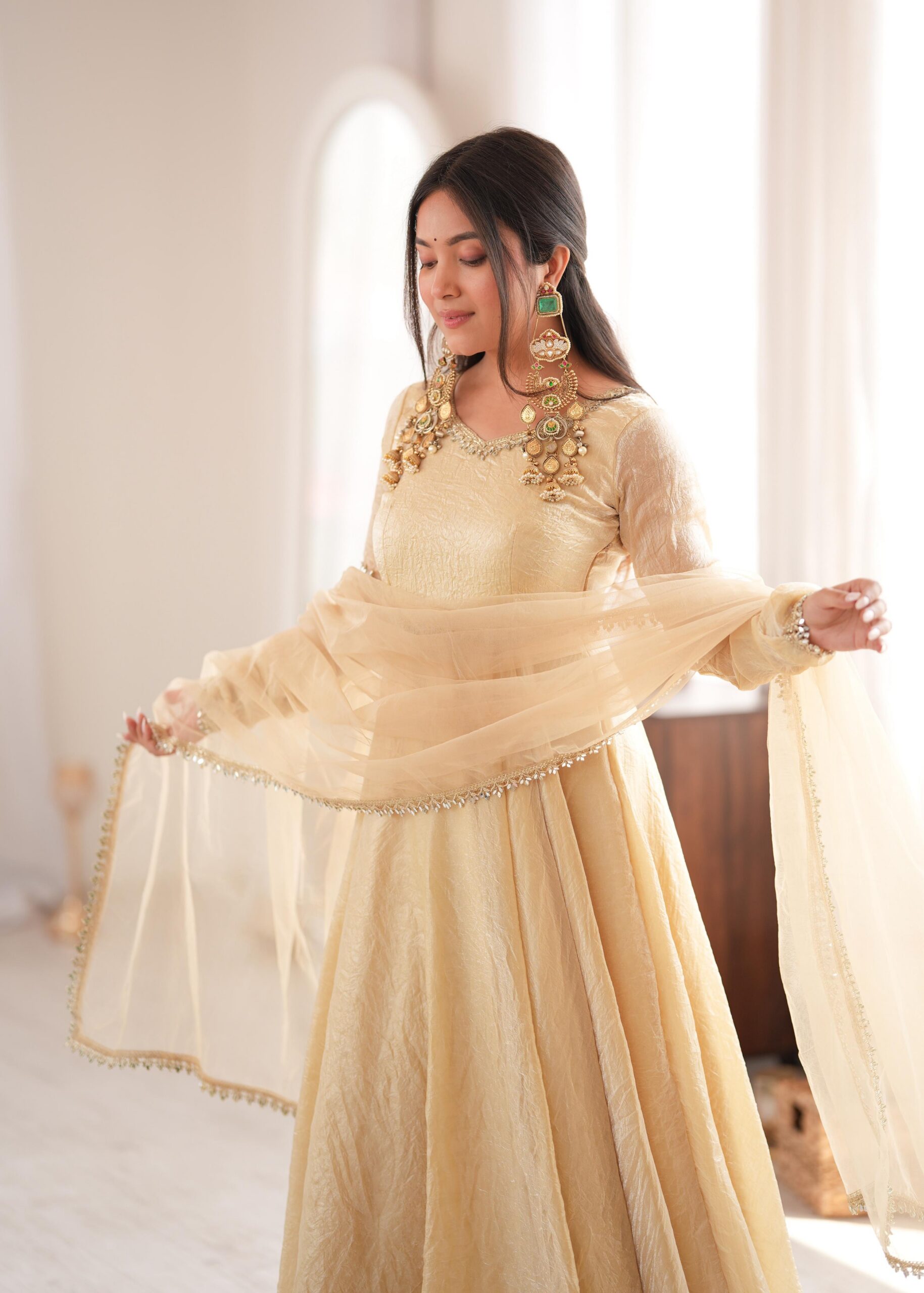 SRK 5355 Off White Doremon Crush Gown with Lace Work & Mirror Work. Exclusive Offer ₹2099. Delivery 4-6 Working Days. Shop now. | Bollywood Gowns, Creative Gowns, Designer Gowns, Embroidered Gowns, Gowns, Party Wear Gowns