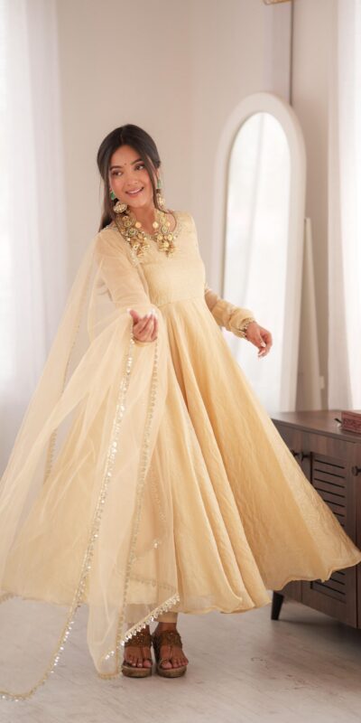 SRK 5355 Off White Doremon Crush Gown with Lace Work & Mirror Work. Exclusive Offer ₹2099. Delivery 4-6 Working Days. Shop now. | Bollywood Gowns, Creative Gowns, Designer Gowns, Embroidered Gowns, Gowns, Party Wear Gowns