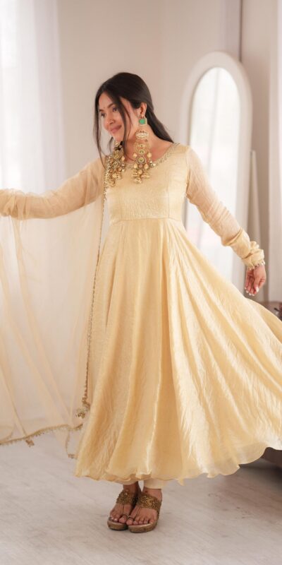 SRK 5355 Off White Doremon Crush Gown with Lace Work & Mirror Work. Exclusive Offer ₹2099. Delivery 4-6 Working Days. Shop now. | Bollywood Gowns, Creative Gowns, Designer Gowns, Embroidered Gowns, Gowns, Party Wear Gowns