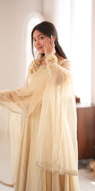 SRK 5355 Off White Doremon Crush Gown with Lace Work & Mirror Work. Exclusive Offer ₹2099. Delivery 4-6 Working Days. Shop now. | Bollywood Gowns, Creative Gowns, Designer Gowns, Embroidered Gowns, Gowns, Party Wear Gowns