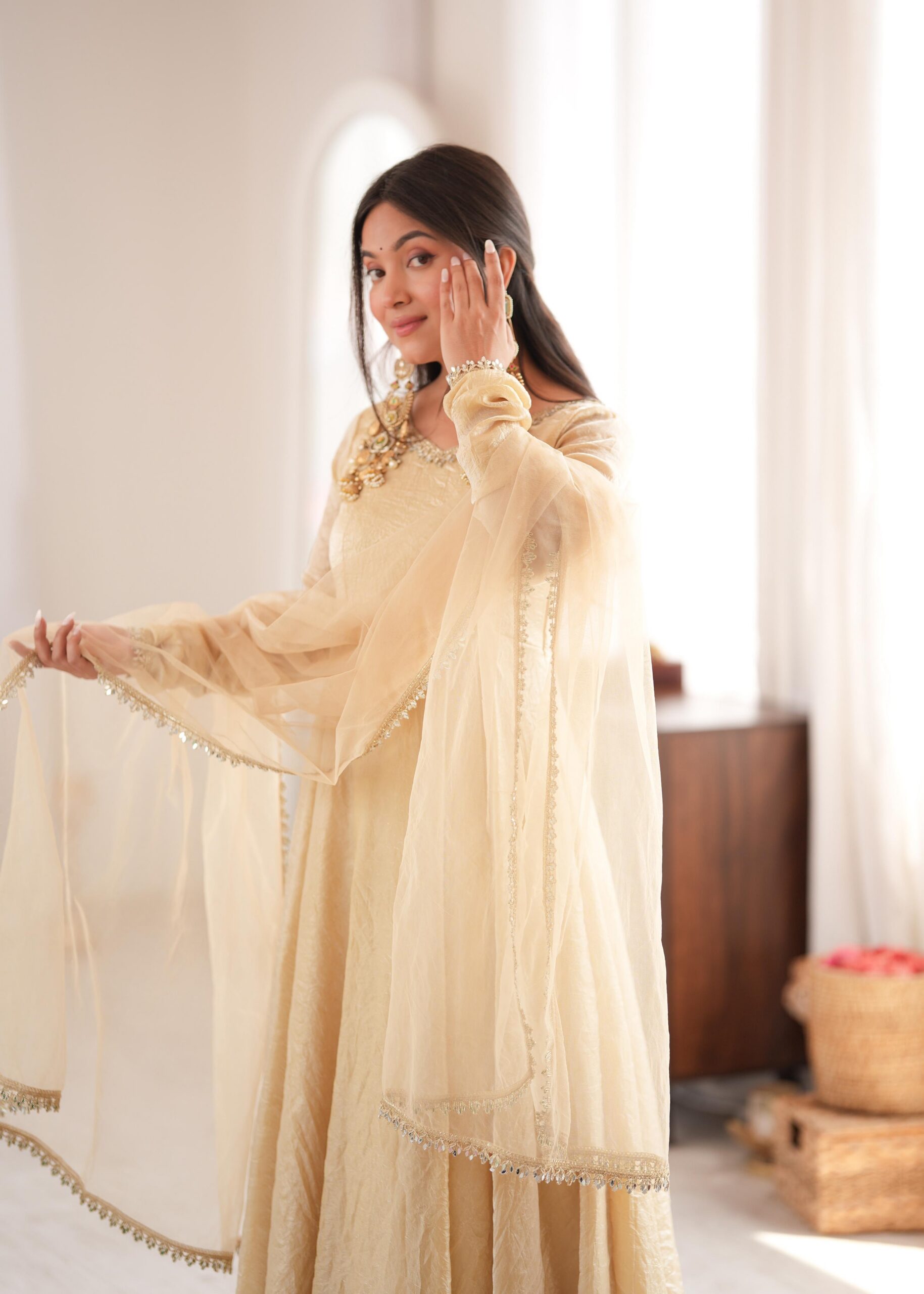 SRK 5355 Off White Doremon Crush Gown with Lace Work & Mirror Work. Exclusive Offer ₹2099. Delivery 4-6 Working Days. Shop now. | Bollywood Gowns, Creative Gowns, Designer Gowns, Embroidered Gowns, Gowns, Party Wear Gowns