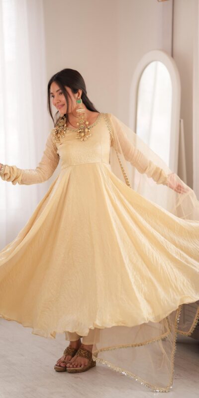 SRK 5355 Off White Doremon Crush Gown with Lace Work & Mirror Work. Exclusive Offer ₹2099. Delivery 4-6 Working Days. Shop now. | Bollywood Gowns, Creative Gowns, Designer Gowns, Embroidered Gowns, Gowns, Party Wear Gowns