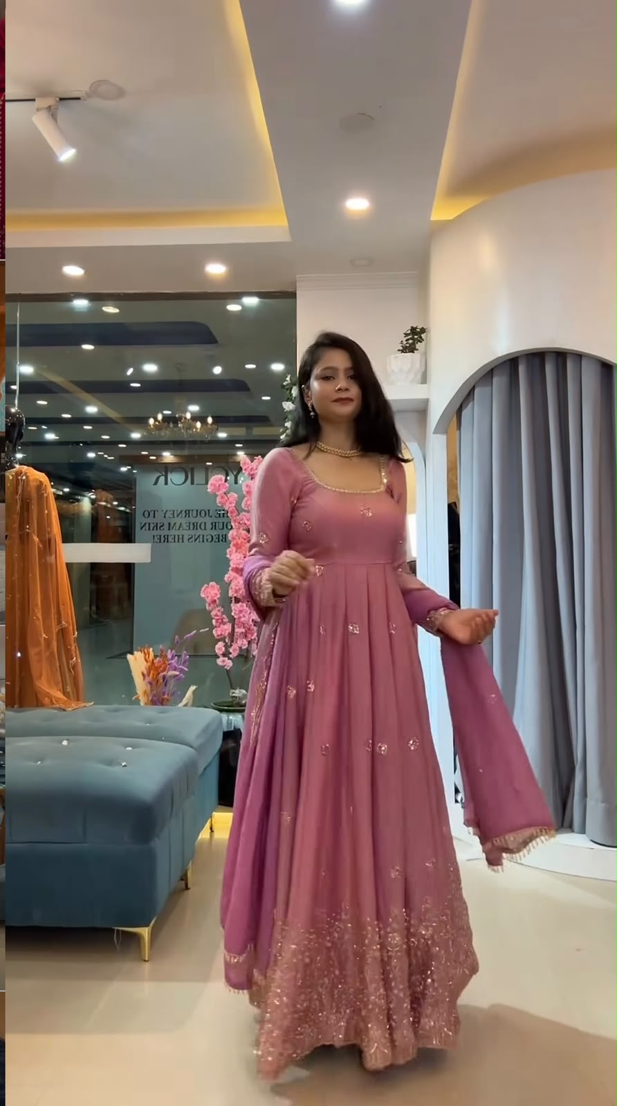 JF 052 Peach Fendy Silk Gown with Sequins Work & Thread Embroidery. Now at just ₹2399. Delivery 4-6 Working Days. Shop now. | Bollywood Gowns, Creative Gowns, Designer Gowns, Embroidered Gowns, Gowns, Party Wear Gowns