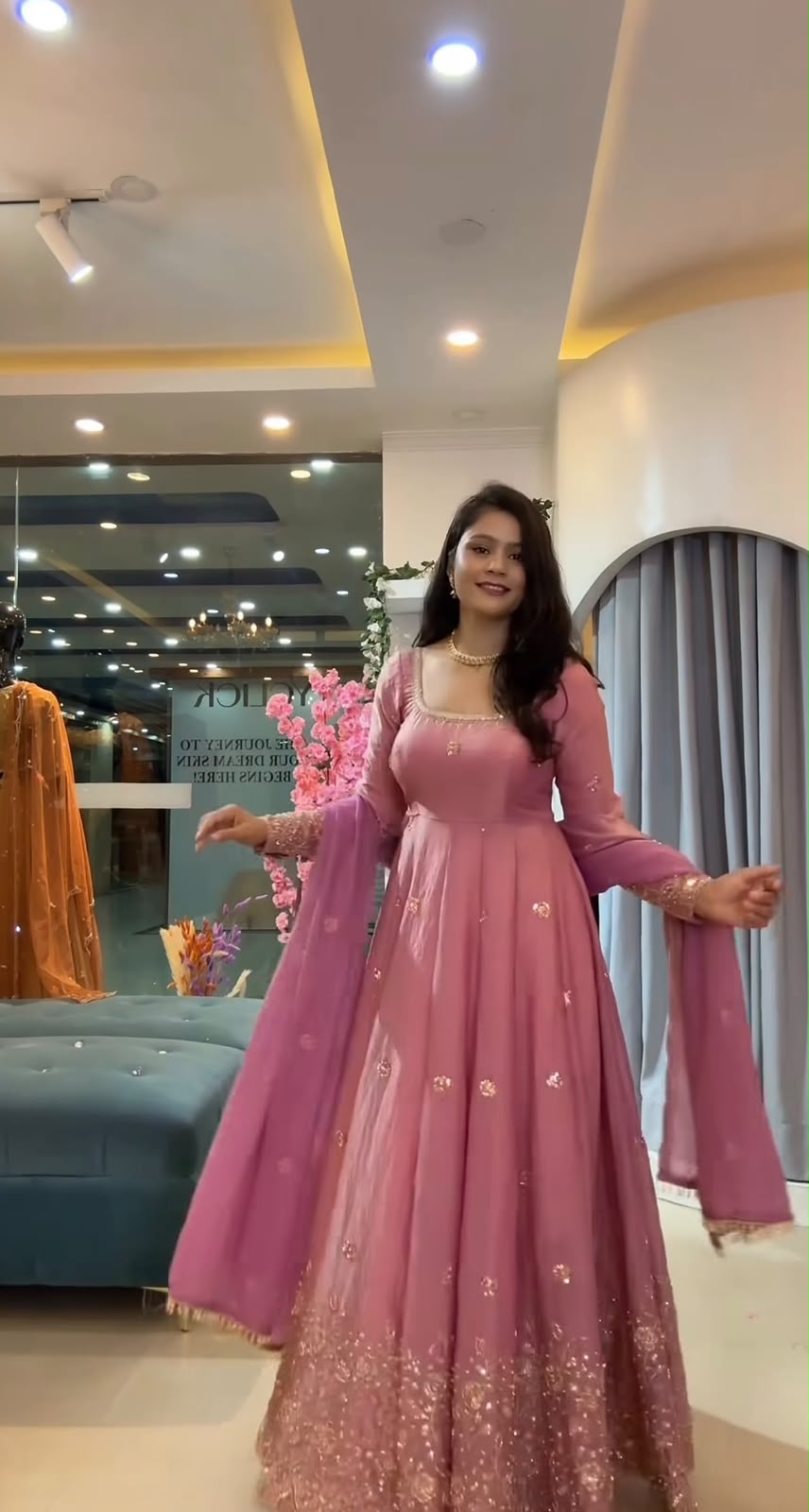 JF 052 Peach Fendy Silk Gown with Sequins Work & Thread Embroidery. Now at just ₹2399. Delivery 4-6 Working Days. Shop now. | Bollywood Gowns, Creative Gowns, Designer Gowns, Embroidered Gowns, Gowns, Party Wear Gowns