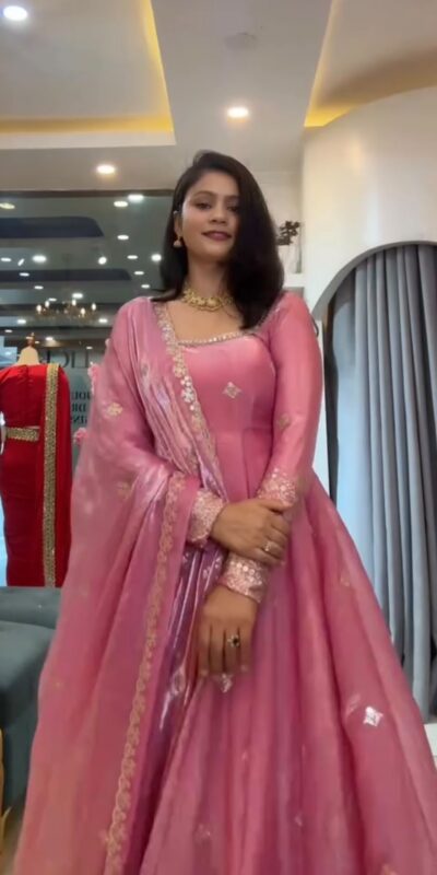 KD 1633 Pink | Pink Fendy Silk Gown with Sequins Work & Thread Embroidery. Now at just ₹2499. Delivery 4-6 Working Days. Shop now. | Bollywood Gowns, Creative Gowns, Designer Gowns, Embroidered Gowns, Gowns, Party Wear Gowns
