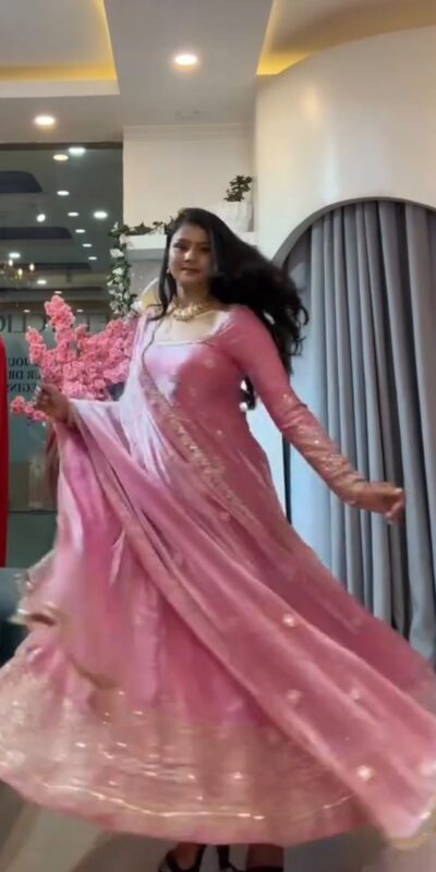 KD 1633 Pink | Pink Fendy Silk Gown with Sequins Work & Thread Embroidery. Now at just ₹2499. Delivery 4-6 Working Days. Shop now. | Bollywood Gowns, Creative Gowns, Designer Gowns, Embroidered Gowns, Gowns, Party Wear Gowns