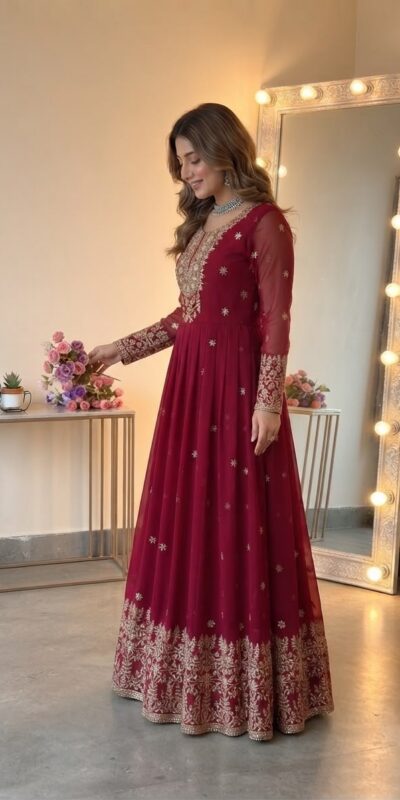 SSR 546 Red in Georgette Embroidery Work & Sequins Work Gown . Get it for ₹2149. Delivery 4-6 Working Days. Online Shop now. | Bollywood Gowns, Creative Gowns, Designer Gowns, Embroidered Gowns, Gowns, Party Wear Gowns