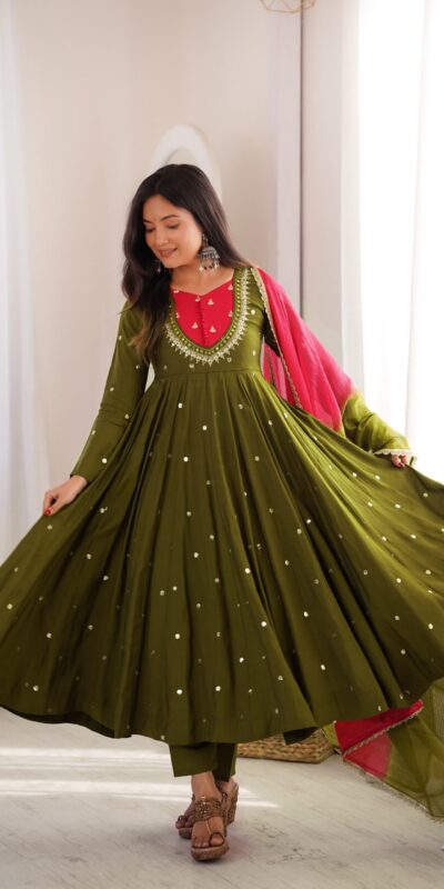 ZF 5023 Mehandi Roman Silk Gown with Mirror Work & Embroidery Work. Special Price ₹2099. Delivery 4-6 Working Days. Shop now. | Bollywood Gowns, Creative Gowns, Designer Gowns, Embroidered Gowns, Gowns, Party Wear Gowns