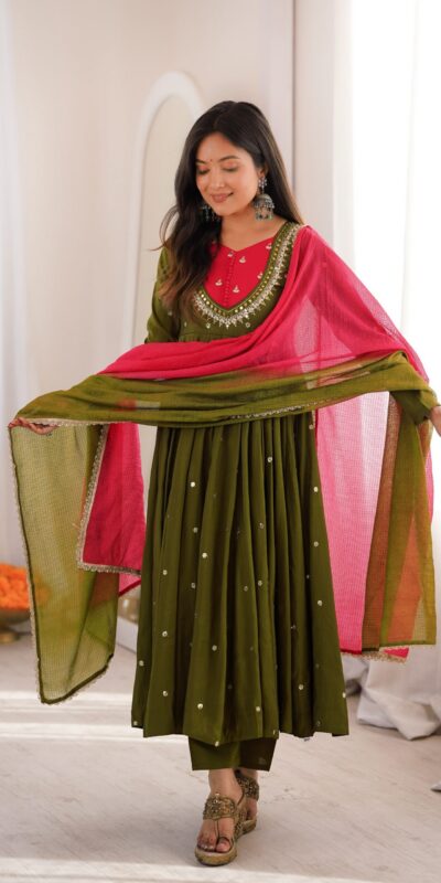ZF 5023 Mehandi Roman Silk Gown with Mirror Work & Embroidery Work. Special Price ₹2099. Delivery 4-6 Working Days. Shop now. | Bollywood Gowns, Creative Gowns, Designer Gowns, Embroidered Gowns, Gowns, Party Wear Gowns