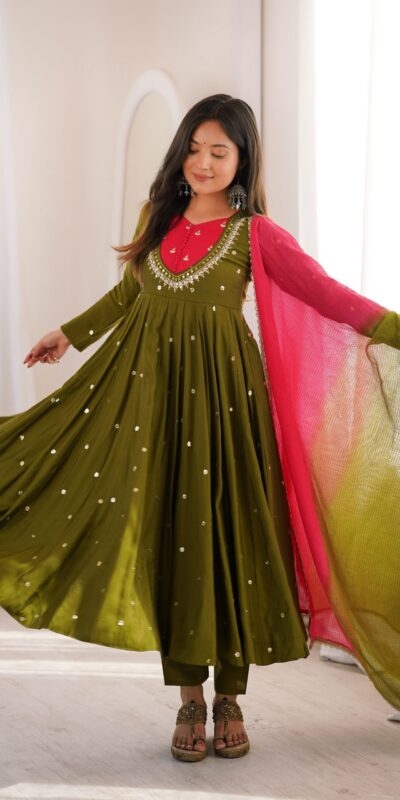 ZF 5023 Mehandi Roman Silk Gown with Mirror Work & Embroidery Work. Special Price ₹2099. Delivery 4-6 Working Days. Shop now. | Bollywood Gowns, Creative Gowns, Designer Gowns, Embroidered Gowns, Gowns, Party Wear Gowns