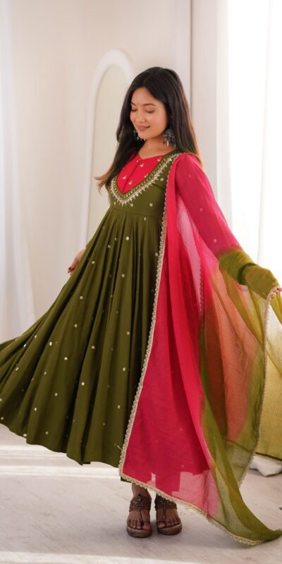 ZF 5023 Mehandi Roman Silk Gown with Mirror Work & Embroidery Work. Special Price ₹2099. Delivery 4-6 Working Days. Shop now. | Bollywood Gowns, Creative Gowns, Designer Gowns, Embroidered Gowns, Gowns, Party Wear Gowns