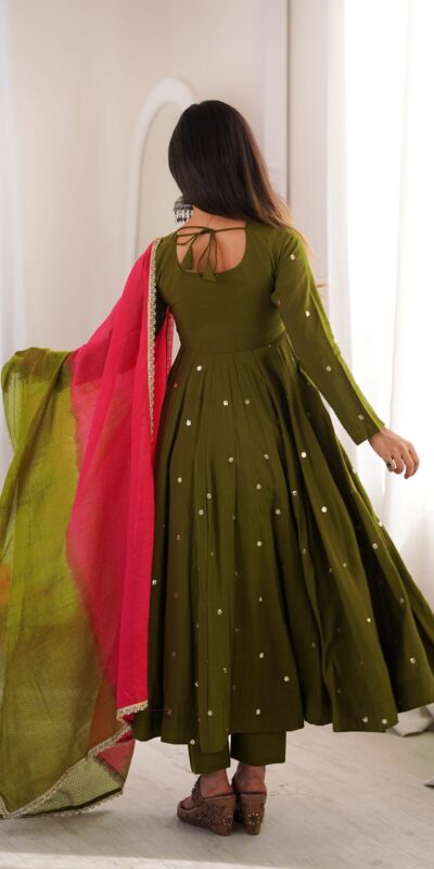 ZF 5023 Mehandi Roman Silk Gown with Mirror Work & Embroidery Work. Special Price ₹2099. Delivery 4-6 Working Days. Shop now. | Bollywood Gowns, Creative Gowns, Designer Gowns, Embroidered Gowns, Gowns, Party Wear Gowns
