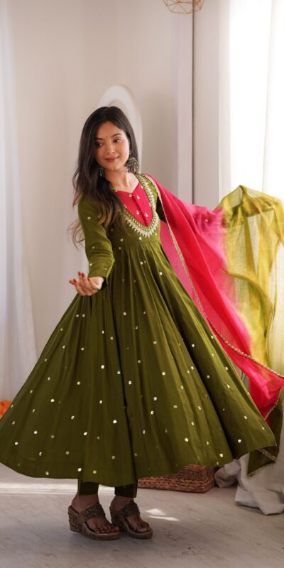 ZF 5023 Mehandi Roman Silk Gown with Mirror Work & Embroidery Work. Special Price ₹2099. Delivery 4-6 Working Days. Shop now. | Bollywood Gowns, Creative Gowns, Designer Gowns, Embroidered Gowns, Gowns, Party Wear Gowns