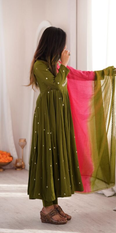 ZF 5023 Mehandi Roman Silk Gown with Mirror Work & Embroidery Work. Special Price ₹2099. Delivery 4-6 Working Days. Shop now. | Bollywood Gowns, Creative Gowns, Designer Gowns, Embroidered Gowns, Gowns, Party Wear Gowns