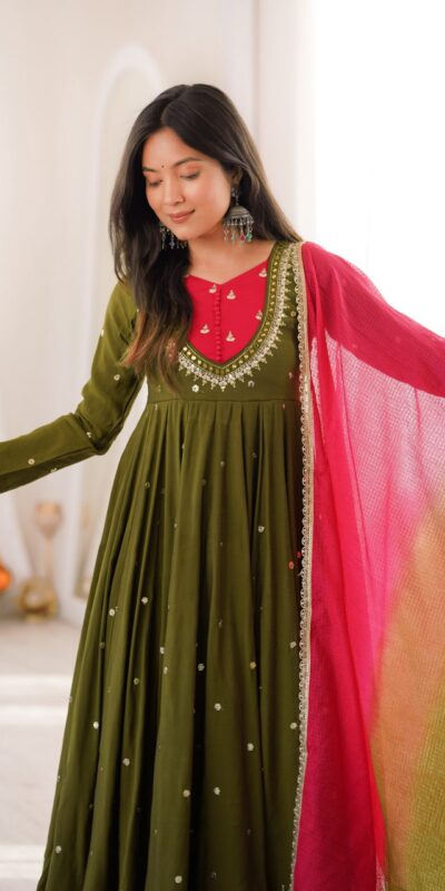 ZF 5023 Mehandi Roman Silk Gown with Mirror Work & Embroidery Work. Special Price ₹2099. Delivery 4-6 Working Days. Shop now. | Bollywood Gowns, Creative Gowns, Designer Gowns, Embroidered Gowns, Gowns, Party Wear Gowns