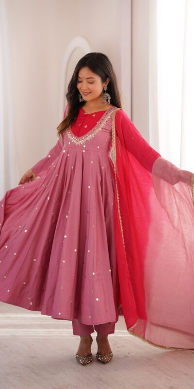 ZF 5023 Pink Roman Silk Gown with Mirror Work & Embroidery Work. Special Price ₹2099. Delivery 4-6 Working Days. Shop now. | Bollywood Gowns, Creative Gowns, Designer Gowns, Embroidered Gowns, Gowns, Party Wear Gowns