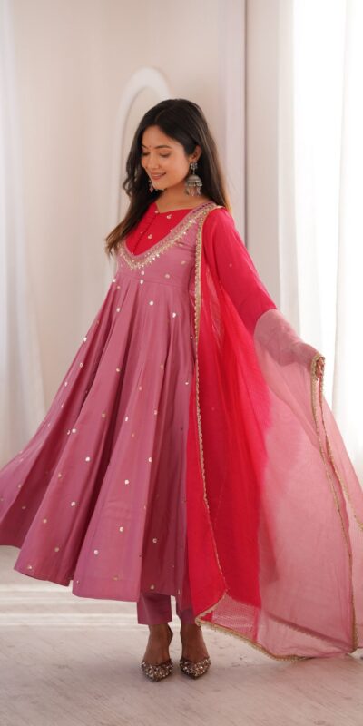 ZF 5023 Pink Roman Silk Gown with Mirror Work & Embroidery Work. Special Price ₹2099. Delivery 4-6 Working Days. Shop now. | Bollywood Gowns, Creative Gowns, Designer Gowns, Embroidered Gowns, Gowns, Party Wear Gowns