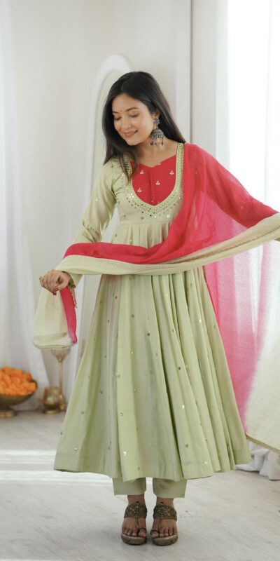 ZF 5023 Pista Roman Silk Gown with Mirror Work & Embroidery Work. Special Price ₹2099. Delivery 4-6 Working Days. Shop now. | Bollywood Gowns, Creative Gowns, Designer Gowns, Embroidered Gowns, Gowns, Party Wear Gowns