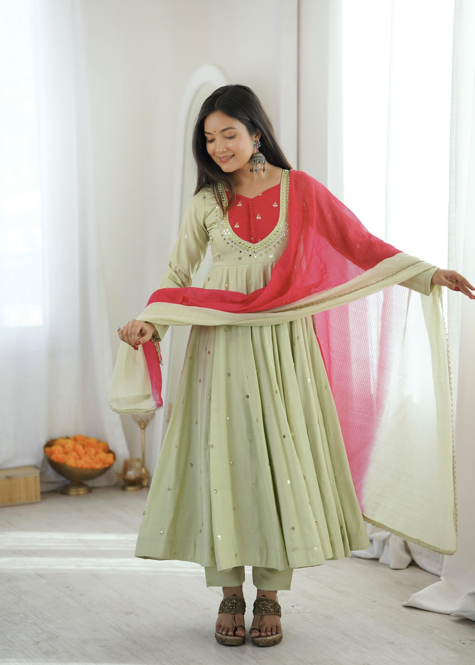 ZF 5023 Pista Roman Silk Gown with Mirror Work & Embroidery Work. Special Price ₹2099. Delivery 4-6 Working Days. Shop now. | Bollywood Gowns, Creative Gowns, Designer Gowns, Embroidered Gowns, Gowns, Party Wear Gowns