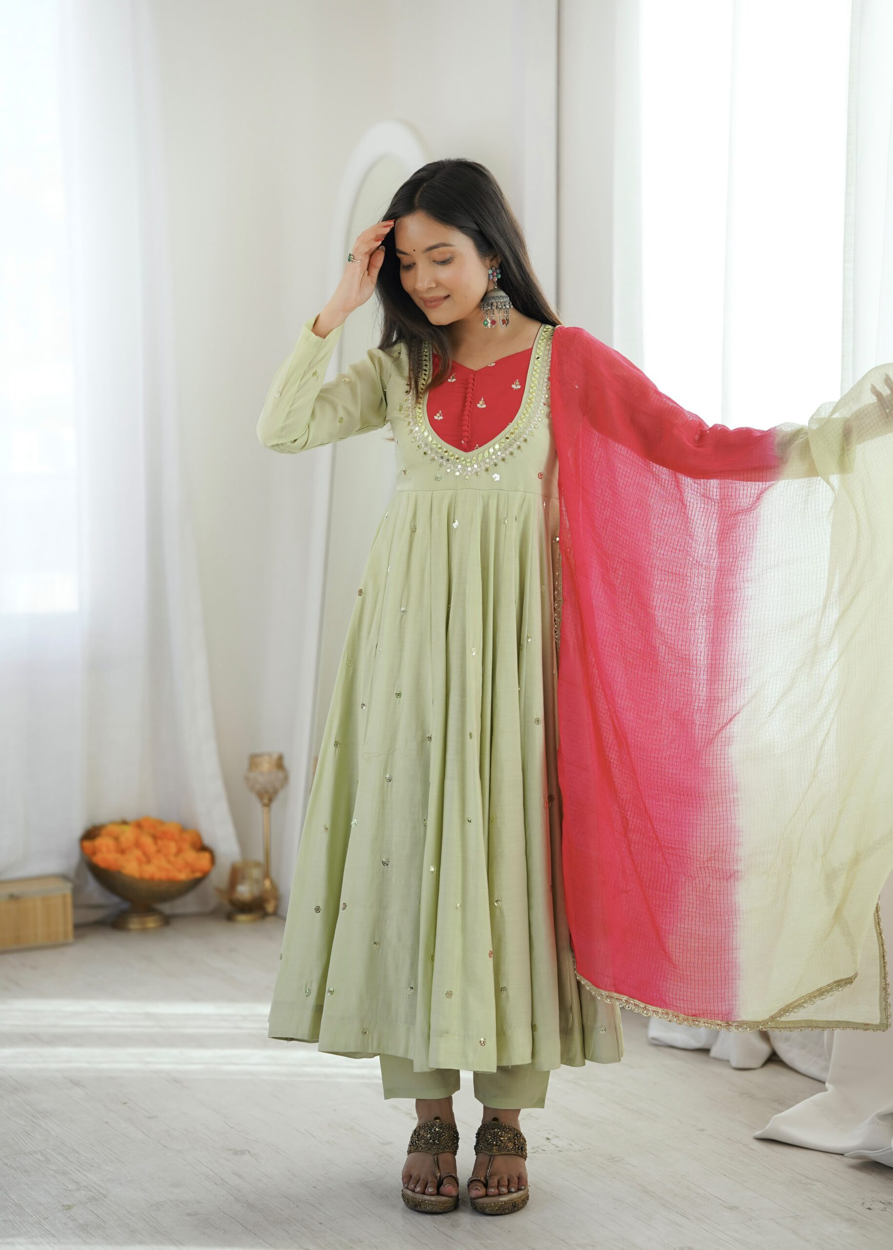 ZF 5023 Pista Roman Silk Gown with Mirror Work & Embroidery Work. Special Price ₹2099. Delivery 4-6 Working Days. Shop now. | Bollywood Gowns, Creative Gowns, Designer Gowns, Embroidered Gowns, Gowns, Party Wear Gowns