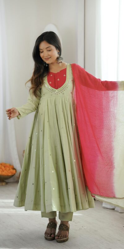 ZF 5023 Pista Roman Silk Gown with Mirror Work & Embroidery Work. Special Price ₹2099. Delivery 4-6 Working Days. Shop now. | Bollywood Gowns, Creative Gowns, Designer Gowns, Embroidered Gowns, Gowns, Party Wear Gowns