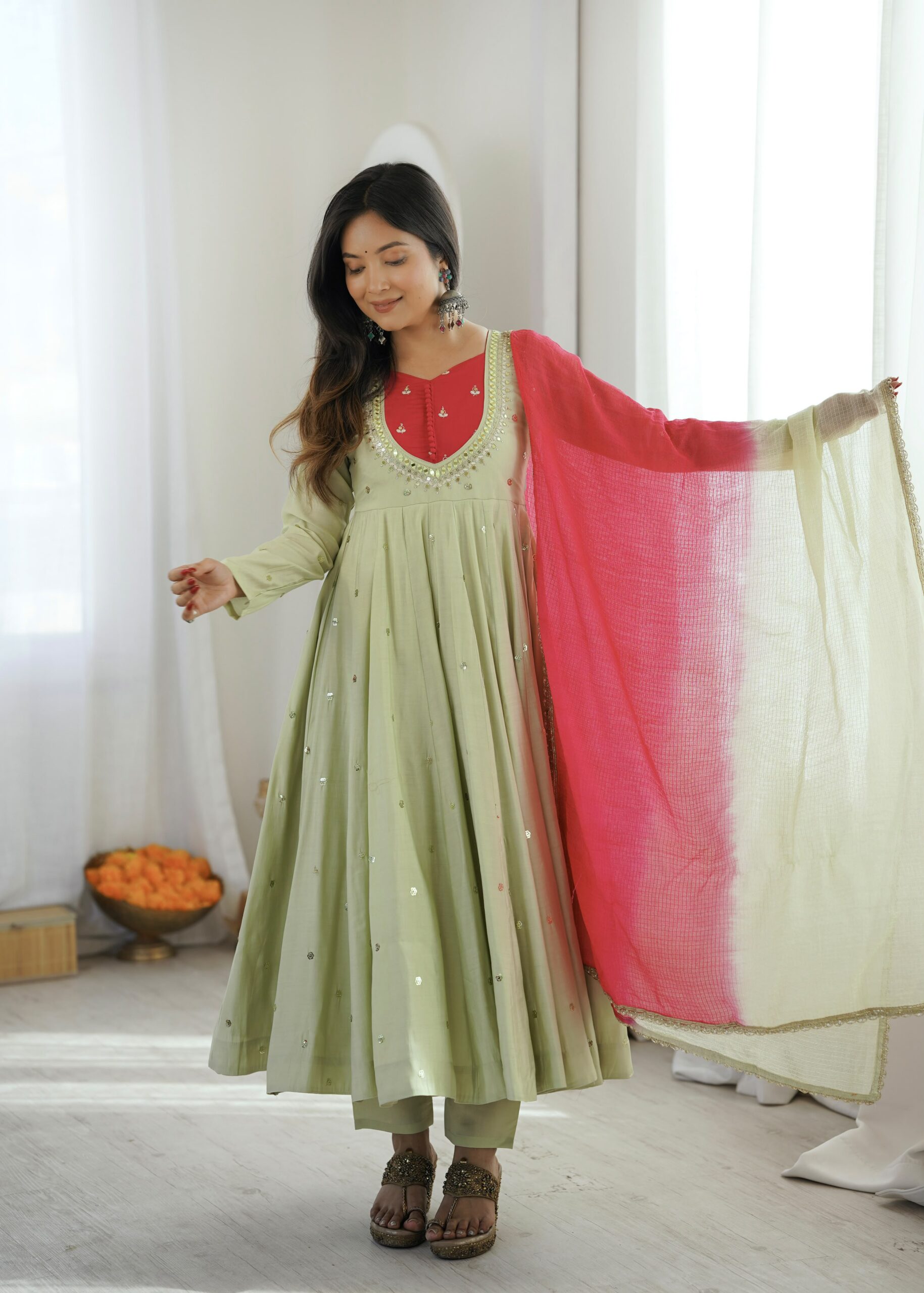 ZF 5023 Pista Roman Silk Gown with Mirror Work & Embroidery Work. Special Price ₹2099. Delivery 4-6 Working Days. Shop now. | Bollywood Gowns, Creative Gowns, Designer Gowns, Embroidered Gowns, Gowns, Party Wear Gowns